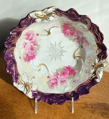 R S PRUSSIA 10  BERRY BOWL ROSES TIFFANY FINISH IRIDESCENT LUSTRE MOLD 20 1800's • $24.99