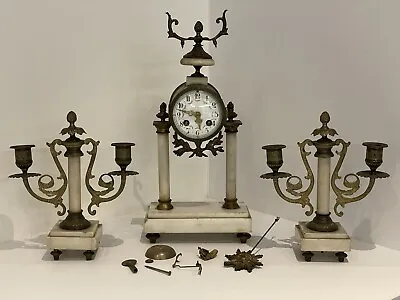 Antique Clock Pendulum And Its 2 Bronze Marble Candlesticks • $213.40