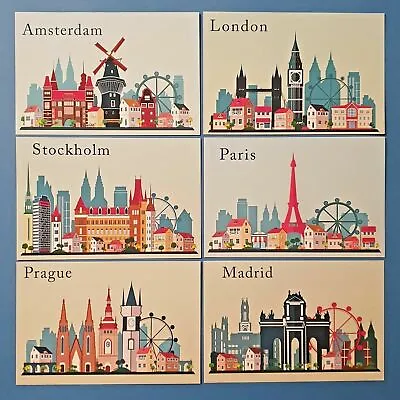 Set Of 6 European City Skyline Ilustrations Landmarks Landscape View Travel • £4.38