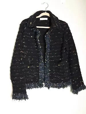 Zara Girl's Blazer Navy Blue Black  Size 11 - 12 Fringed Textured Jacket Open  • $14.50