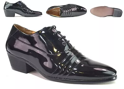 Mens Lace Up Shine Shoes Cuban Low Heel Black Patent Oxfords UK Sizes 6-12 • £25.99