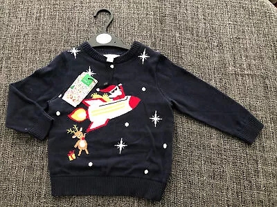 Baby M&Co Blue Rocket Knit Christmas Jumper For Boy 18-24 Months • £4.95