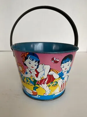 Vintage Tin Litho Sand Pail Graphics Children Playing At The Beach • $34.95