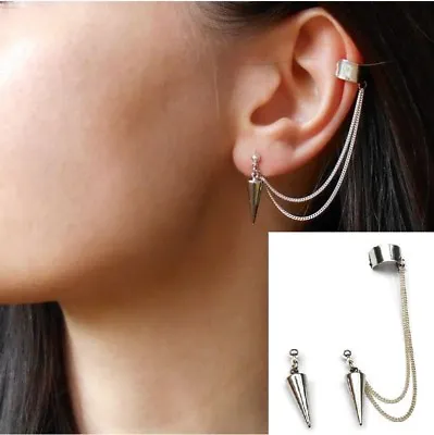 Punk Rock Rivets Chain Tassel Dangle Ear Stud Cuff Wrap Earrings Eardrop  • $3.95