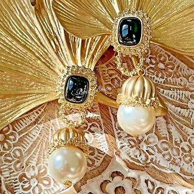 Brand NEW Vintage French Gold Plated Resin Pearl Dangle Earring Silver Post • $38