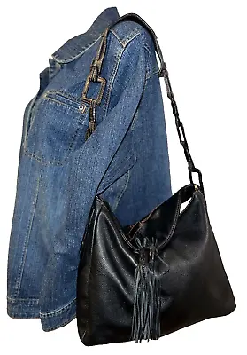 MAXX New York Purse Black Leather Magnetic Snap W/Tassels Shoulder Bag Handbag • $28.99
