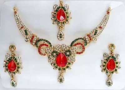 Traditional Indian Bollywood Gold Red Green Necklace Earrings Tikka Jewelry Set • $14.65