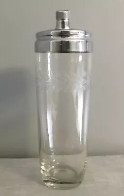 Large Vintage Etched Clear Glass Martini Silver Top Shaker 1950’s • $34.99