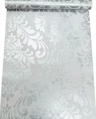 Muriva Eleanor Damask Linen Effect Grey Silver Distressed Metallic Wallpaper • £8.99