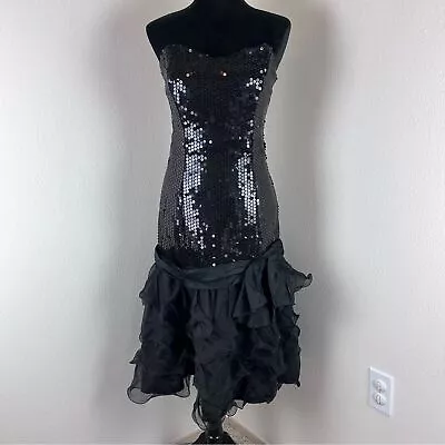 Vintage Nadine Formals 80s Black Sequin Mermaid Strapless Prom Dress Ruffles  • $74.99