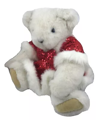 Authentic Vermont Teddy Bear Jointed Blue Eyes Red Sparkle Fur Dress Christmas • $49.99