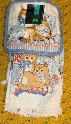 VTG 3 Pc. Kitchen Hand Towel Rag & Pot Holder Orange Cats On Pillows 1980s NWT • $9