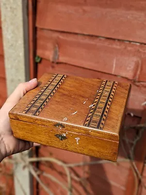 Antique Inlaid Wooden Jewellery Box Or Keepsake Box Or Stationery Box • £4.99