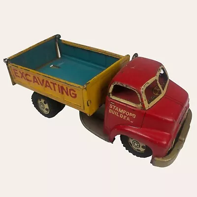 Vintage LINE MAR Stamford Builders GMC Litho Hauling Dumping Truck Metal Tin Toy • $49.99