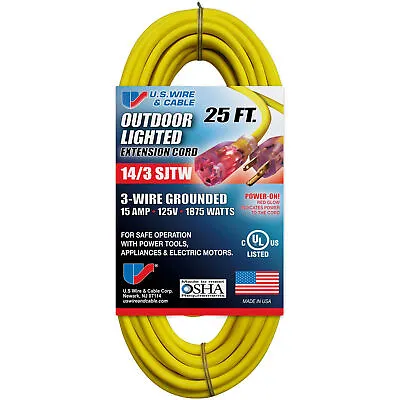 U.S. Wire 25 Ft. Three Conductor Yellow Temp-Flex Lighted Plug Cord 14/3 Ga. • $16.24