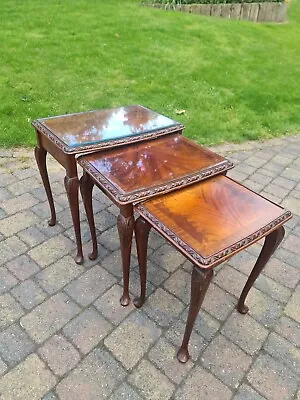 £49.99 • Buy Vintage 3 X Nest Of Tables With Removable Glass Tops Queen Anne Style 