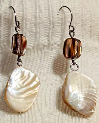 Brown White Mother Of Pearl Dangle Drop Hook 2 Inch Earrings Beach Ocean Shell • $7