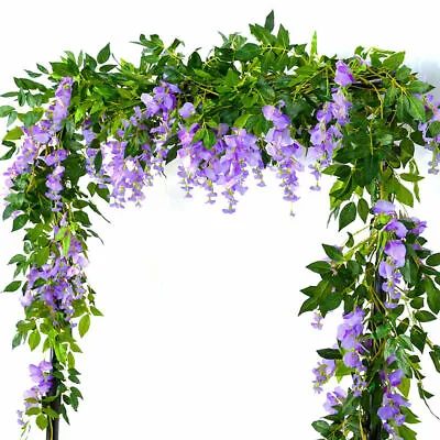 2X Purple Artificial Wisteria Flower Vine Fake Flowers Ivy Plant Garland Leaves • £2.99