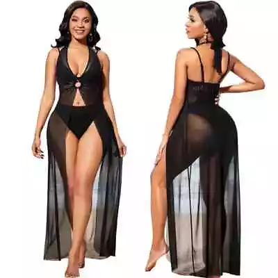 Latest Fashion One Piece Black Mesh Halter Slit Beach Dress Swimwear Uk Size 10 • £18