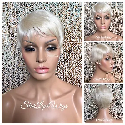 $43.40 • Buy Platinum Blonde Pixie Wig Short Straight Feathered Bangs Heat Safe