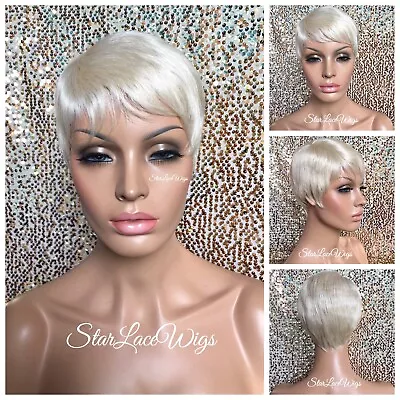 $43.38 • Buy Platinum Blonde Pixie Wig Short Straight Feathered Bangs Heat Safe