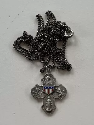 Vintage Sterling Silver & Enamel 4 Way Cross Military Medal 24” Sterling Chain • $20