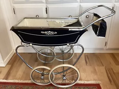 Vintage Doll Toy Carriage Baby Buggy Stroller Pram Navy Blue STUNNING • $89