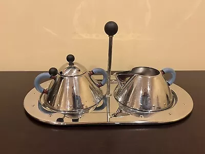VNTG Alessi By Michael Graves Stainless Steel Creamer Sugar Bowl & Tray Set Blue • $199.99