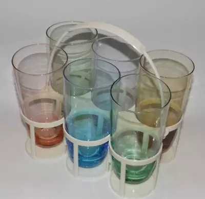 Harlequin Coloured Drinking Glass Tumblers Set 6 In Plastic Caddy ReTRo Vintage • $49.80