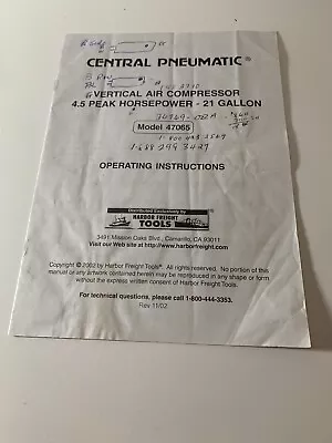 Central Pneumatic Vertical Air Copressor Instructuions 21 Gallon • $3.21