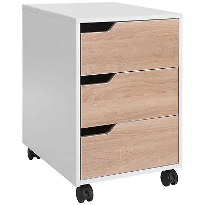 MDF Mobile File Cabinet W/ 3 Drawers Locking Wheels Metal Rails Oak Tone White • £49.99