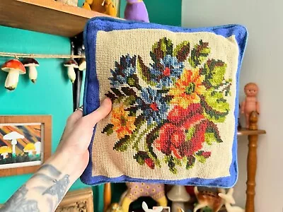 Vintage Blue Floral Needlepoint Pillow • $15