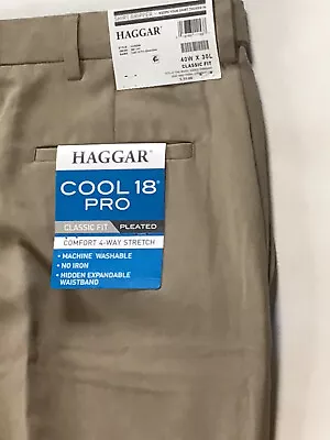 Haggar Cool 18 Pro Men’s 40 W X 30 L Tan No Iron Classic Fit Pleated Pants NWT • $29