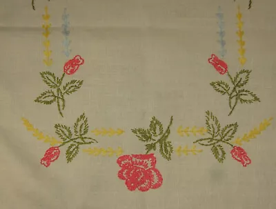 Vintage Hand Embroidered Pink Roses & Rosebuds Dresser Scarf Crocheted Edge • $10.19