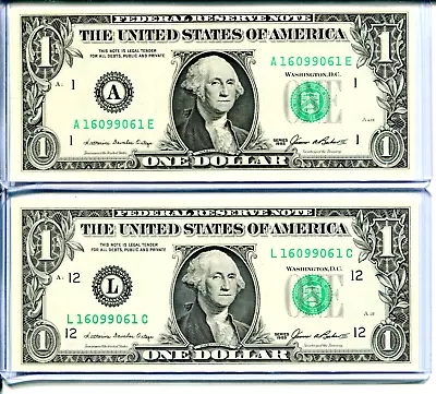 (2) $1 Federal Reserve Notes Uncirculated Identical RADAR #16099061 • $60