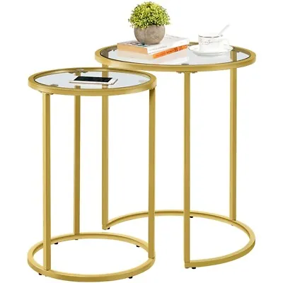 £49.59 • Buy Round Nesting Side Table End Table With Metal Frame And Glass Top, Mustard Gold