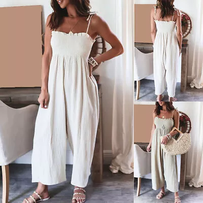 Womens Cotton Linen Jumpsuit Wide Leg Casual Overalls Romper Playsuit Long Pants • £3.89