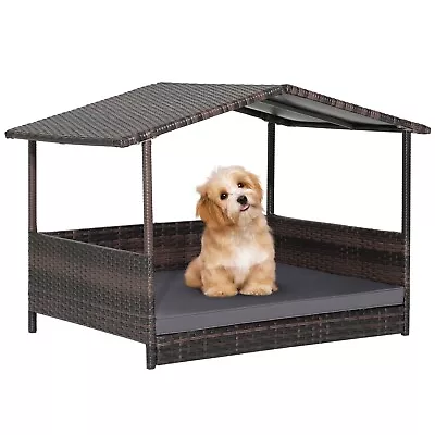 £94.59 • Buy Wicker Dog House Raised PE Rattan Dog Bed W/ Cushion  Indoor Outdoor Pet House