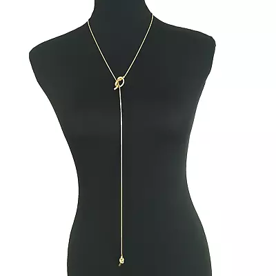 Vintage Lariat Necklace Double Knot Pull-Through Gold Tone Snake Chain • $20