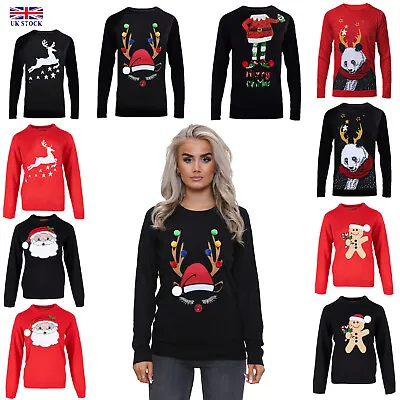 Women's Xmas Jumper Novelty Santa Reindeer Gingerbread Elf Pullover Knit Sweater • £13.99