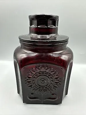 Vintage Wheaton Ruby Red Apothecary Jar Embossed Flowers Glass Stopper 7.5  • $24.99