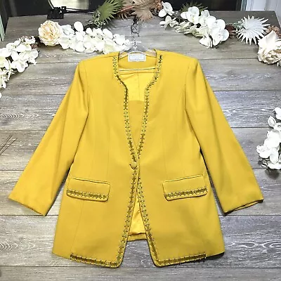 Vintage Rhinestone Blazer Jacket Size 10 Womens Yellow Mustard Shine Bedazzled • $24.99