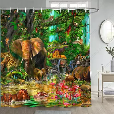 Rainforest Animal Shower Curtain Tropical Jungle Forest Elephant Lion Flamingo B • $34.86