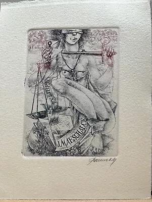 HEDWIG PAUWELS*1934-EROTIC EXLIBRIS J.MAESCHALCK ETCHING Signed JUSTICE 1986 • $9.58