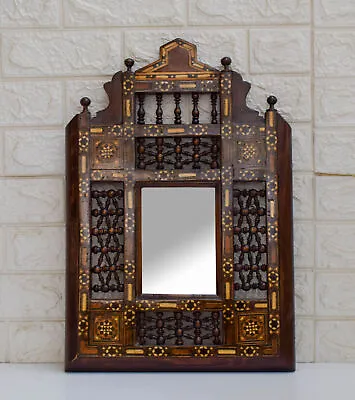 Vintage 20  Moroccan Wall Hanging Mirror Wooden Frame Marquetry Mosaic Frame • $141.90