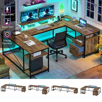 LED U Shaped Computer Desk With Power Outlet Reversible L Shaped Desk W/ Drawers • $172.99