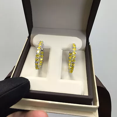 8CT  Canary Yellow Diamond Hoop Earrings 14k White Yellow  Solid Gold Man Made  • $1606