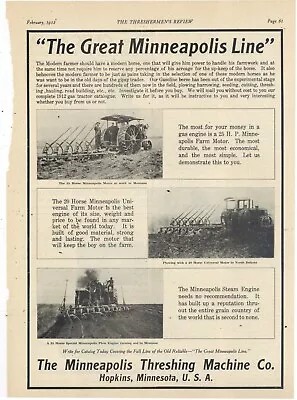 1912 Minneapolis Threshing Machine Ad: Steam Engine 20 & 25 HP  Farm Motors  • $21.88