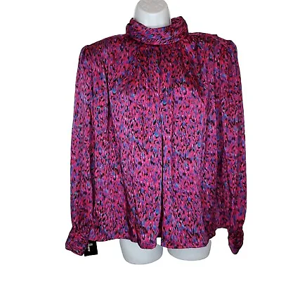 Vintage NOS Secretary Blouse Sz 12 Mock Ruche Neck Puffy Sleeve Pink Purple • $42.46