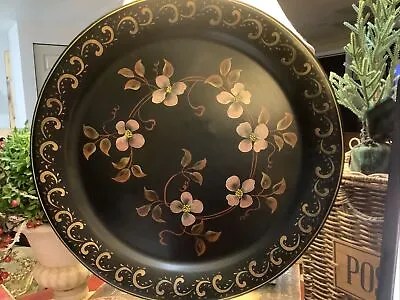 Large Vintage Metal Tole Tray~Pink Dogwood Flowers W/Black Background~19” Round~ • $64.99